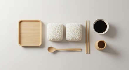 Minimalist Japanese Cuisine Arrangement with Steamed Rice Blocks and Condiments for Elegant Food Presentation on a Clean White Background