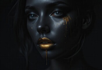 Mystical dark beauty with golden embellishments in a surreal portrait