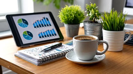 Workplace: A detailed still-life composition featuring a tablet displaying data charts and a coffee cup rests on a work desk, alongside a spiral notebook and decorative plants. - Powered by Adobe