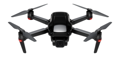 Quadcopter drone with four foldable rotor arms and a glossy black finish