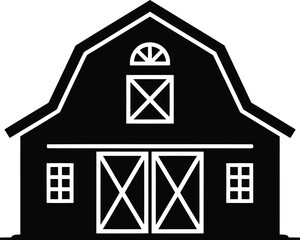 Black and White Barn Icon Illustration Simple Clean Vector Graphic of a Traditional Farm Building with Doors Windows and a Gambrel Roof Design for Agricultural