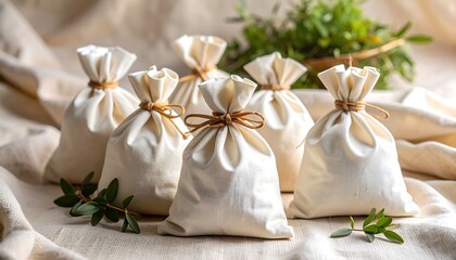 Five small, off-white fabric bags tied with light brown string on a light beige cloth