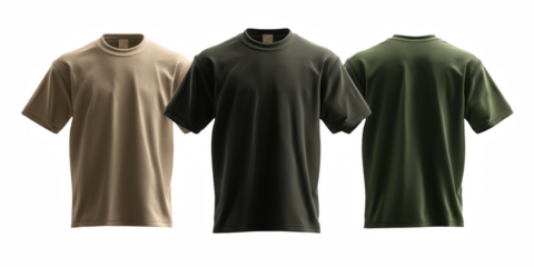Eye-Level Shot of Three T-Shirts in Assorted Earth Tones, Perfect for Fashion Mockups on transparent background