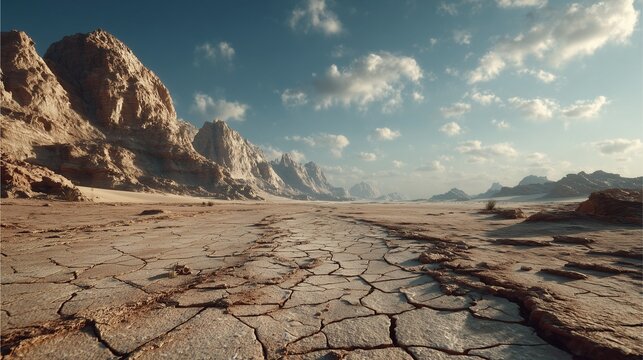 cracked desert landscape with dry earth texture, cracked desert landscape under clear sky, cracked desert landscape with rugged mountain background