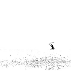 A lone figure with a scythe standing in a field of scattered objects under a vast white expanse of sky