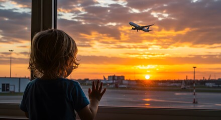 Fototapeta premium A child looking out the window, watching planes take off at sunset