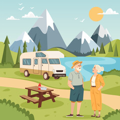 Senior couple traveling by RV through scenic nature. Elderly man and woman enjoy an RV road trip surrounded by mountains, lake, and green hills. Concept of travel for retirement travel, eco-tourism