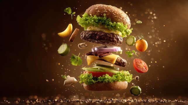 Deconstructed Burger: A mouthwatering burger floats in mid-air, its individual components suspended in a dynamic composition that showcases fresh, high-quality ingredients.