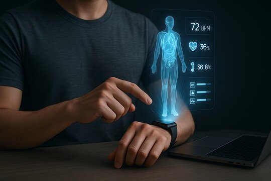 Man Using Smartwatch to Display 3D Health Scan and Vital Signs Hologram