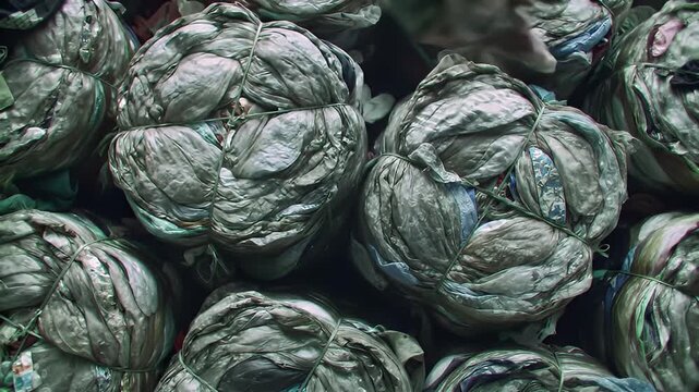 Pile of tied fabric scraps, forming round bundles, with a hand reaching above