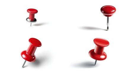 Close-up of four red pushpins in various positions on a white surface, shadow detailing, showcasing options