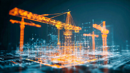 A digital construction site with holographic cranes and building plans, illuminated in orange against the dark background of blueprints, symbolizing modern technology for architectural design