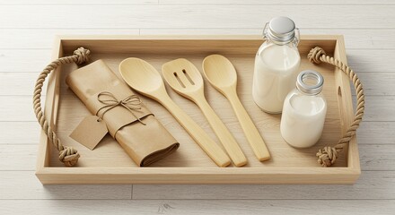 Wooden Kitchen Utensils and Milk Bottles on Rustic Tray