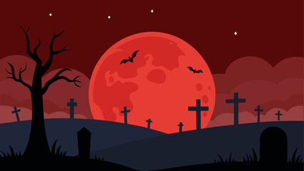tombstone field under blood moon  creepy shadows