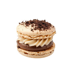 Two-tiered macaron sandwich, light beige exterior, swirls of light beige cream, dark chocolate filling, cocoa-colored sprinkles