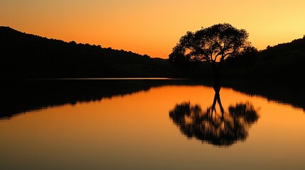Silhouette of a tree reflected in a still lake at sunset.