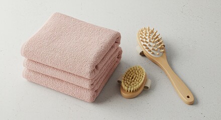Spa Day Essentials Stacked Pink Towels with Wooden Body Brushes, Concept of Relaxation