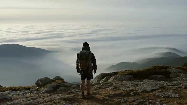 A hiker with a backpack and tripod ascends a mountain, surrounded by a sea of clouds, showcasing adventure, travel, and the beauty of nature, perfect for outdoor enthusiasts and travel blogs.