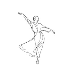 Line art drawing of a woman in a flowing dress with arms outstretched in a dance pose on white background