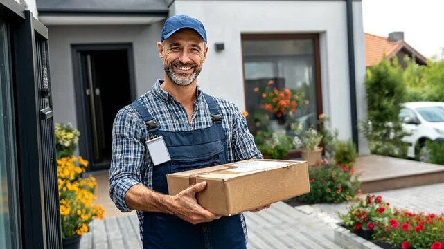 Friendly Delivery: A smiling individual in a cap holds a cardboard box, embodying efficiency and reliable service against the backdrop of a modern residential property.