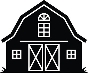 Iconic Barn Silhouette A Simple Black and White Vector Illustration of a Classic American Farm Building with Doors Windows and a Distinctive Gambrel Roof Design