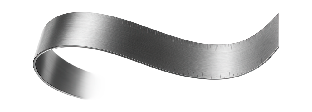 Flexible metal ruler with a rounded edge for measuring curved surfaces in a metalworking shop.