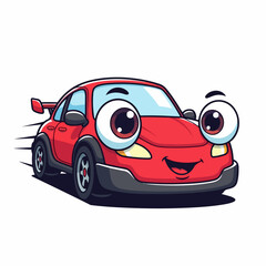 Cartoon car illustration showcases funny vehicle with expressive eyes and a big smile. Cartoon car design features vibrant red paint and a playful, animated style.