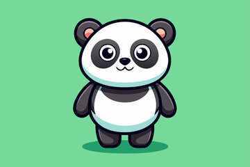 Adorable cartoon illustration of a standing panda with big round eyes, blushing cheeks, and a happy smile, set against a soft pastel background.