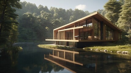 a modern luxury wooden house on bank of river during day time