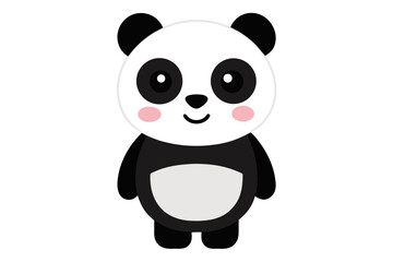 Adorable cartoon illustration of a standing panda with big round eyes, blushing cheeks, and a happy smile, set against a soft pastel background.
