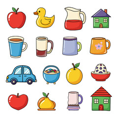 Set of Cute Cartoon Household Objects and Toys.