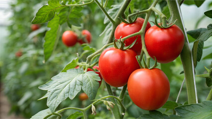 Three ripe tomatoes on green branch. Home grown tomato vegetables growing on vine in greenhouse. Autumn vegetable harvest on organic farm.