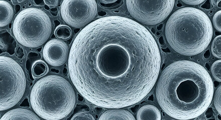 Microscopic view of spherical structures with hollow centers and porous connecting material
