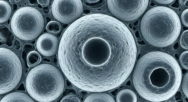 Microscopic view of spherical structures with hollow centers and porous connecting material