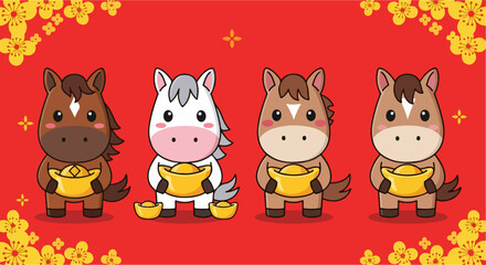Naklejka premium Year of the horse artwork featuring four cute horses on bright red background, celebrating Chinese tradition. Year of the horse is approaching in 2026. These cartoon horses, holding gold ingots,