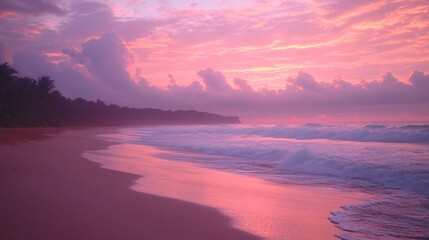 Pink sunset beach scene