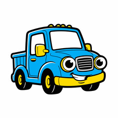 Naklejka premium Cartoon big machines illustrated with friendly pickup truck smiling on white background. This big machines representation offers cheerful transportation, perfect for children's content,