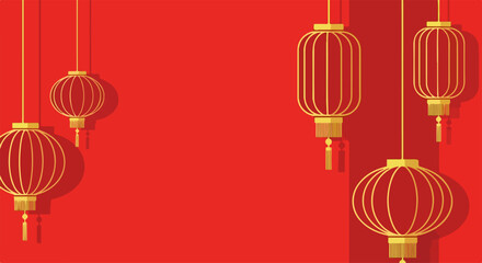 Red background for traditional Chinese design featuring golden lanterns hanging for festive occasions. Chinese New Year celebrations with red background provide ample space for custom greetings.