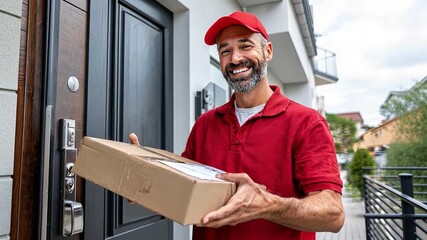 Smiling Courier: A friendly courier, in a red uniform, delivers a package at a residential front door, capturing a moment of reliable service and the convenience of modern delivery systems.