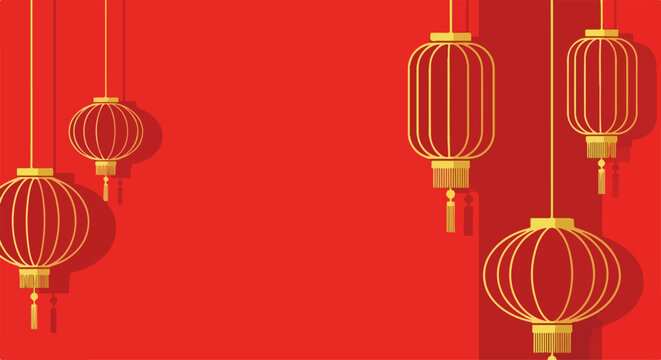 Red background for traditional Chinese design featuring golden lanterns hanging for festive occasions. Chinese New Year celebrations with red background provide ample space for custom greetings.