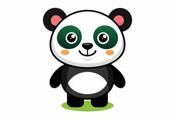 Adorable cartoon illustration of a standing panda with big round eyes, blushing cheeks, and a happy smile, set against a soft pastel background.