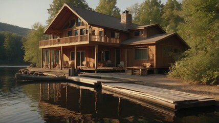 old wooden house on bank of river and covered by greenery from back