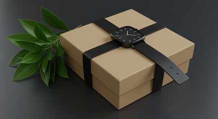 A sophisticated gift for a special occasion, featuring a minimalist black watch on a simple brown box with ribbon and leaves.