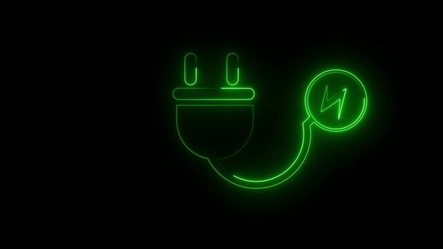Video footage of Pink glowing USB data cable Icon neon on brick wall background. Looped Neon abstract Lines.