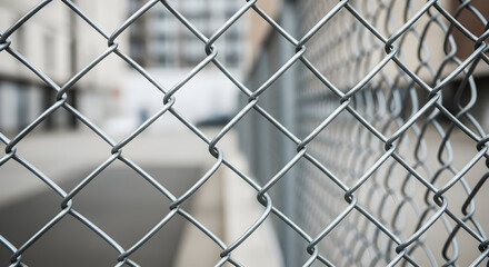 Fototapeta premium Close up view of a metal chain link fence with a blurred background on a bright overcast day outside