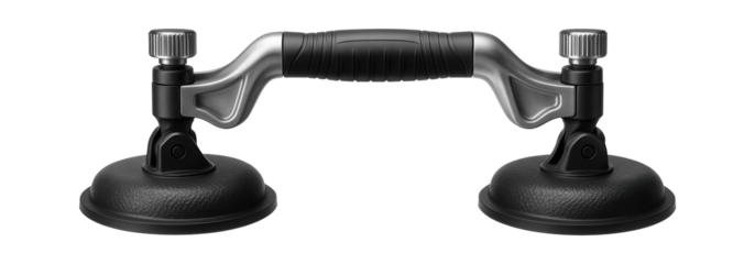 Adjustable suction grip with swiveling cups for positioning curved tiles in an architectural project.