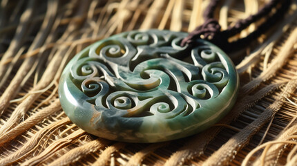 Maori (New Zealand) Culture: Macro shot of a carved greenstone (pounamu) pendant with intricate koru designs, placed on woven flax (harakeke) matting, in natural light.