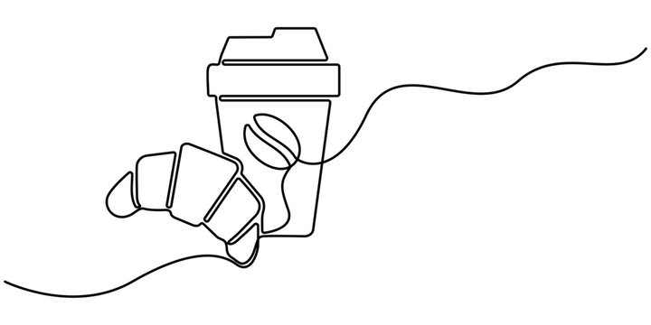 Single one line drawing croissant with paper cup filled with hot sweet tea. Continuous one line design graphic illustration,  Paper Coffee cup with croissant one line drawing.  National Croissant Day