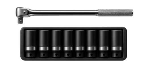 Heavy-duty tool set featuring a breaker bar and deep sockets for an automotive repair shop.