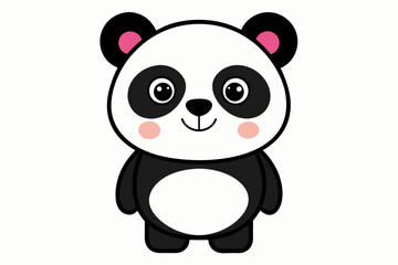 Adorable cartoon illustration of a standing panda with big round eyes, blushing cheeks, and a happy smile, set against a soft pastel background. 